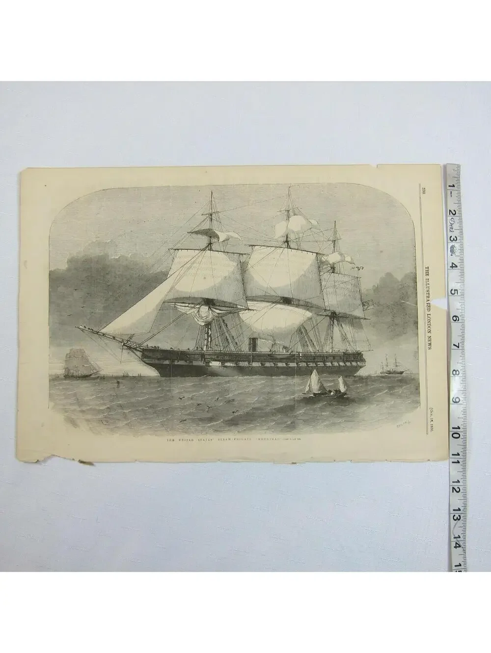 Antique 1856 Print The United States Steam Frigate Merrimack Naval Ship Seascape